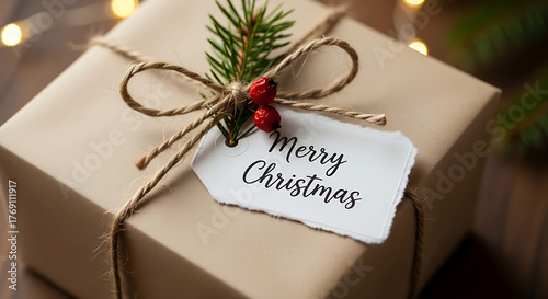 A christmas gift with a tag that says merry christmas and is tied with twine and decorated with berries