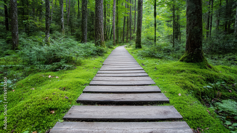 Fototapeta premium Wooden path surrounded by lush green moss serene forest setting, inviting exploration