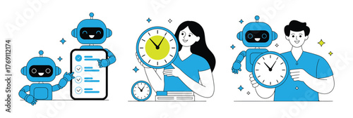 Automate Your Tasks with AI Robotics for Increased Efficiency and Productivity, Featuring Happy People and Cheerful Robots Managing Time