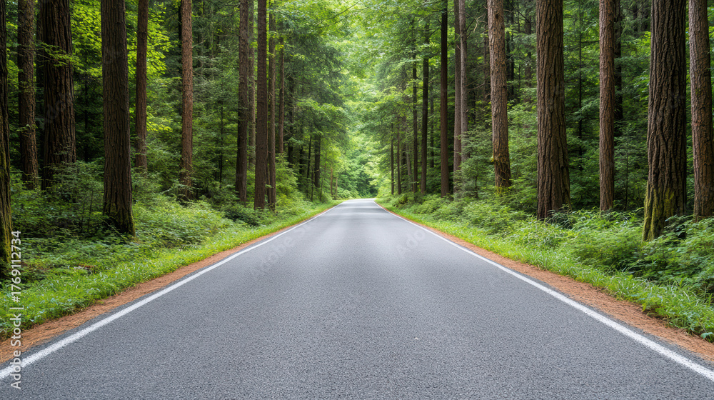 Naklejka premium Peaceful woodland road surrounded by tall trees and lush greenery, inviting exploration