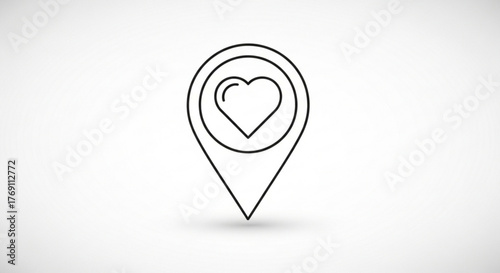 Heart icon inside a map pin, symbolizing favorite location, love for travel, or a romantic destination