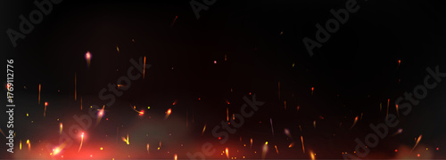 Fire spark background with glowing flame particles and smoke effect on dark surface. Burning flying embers in orange, yellow and red colors with motion blur and heat distortion. Hot burning bg.