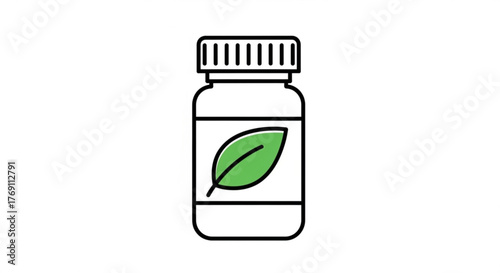 Supplement bottle with a green leaf, representing natural medicine, herbal remedies, or organic vitamins