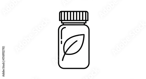 Outline drawing of a supplement bottle with a leaf, representing natural medicine, herbal remedies, or organic vitamins