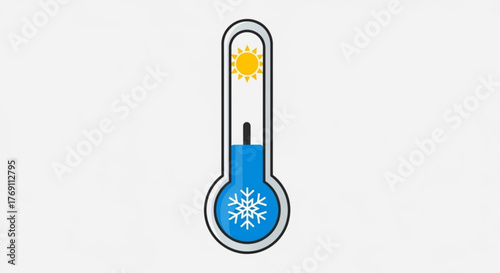Thermometer showing cold temperature, indicating winter season or refrigeration, with sun and snowflake symbols