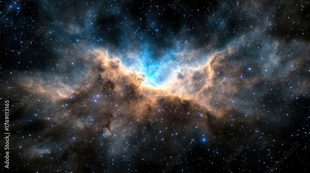 Obraz premium Vibrant cosmic nebula with swirling clouds and bright stars illuminating dark void