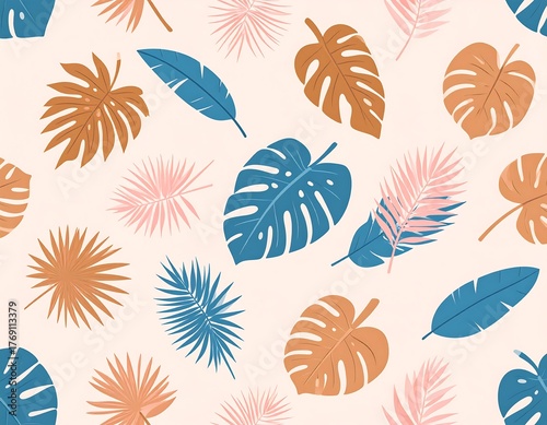 Tropical leaf pattern seamless background illustration, exotic plant foliage, botanical art, vector design elements, summer vibes, vibrant colors, paradise aesthetic
