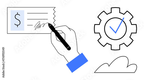 Hand signing a financial document with dollar sign, gear with checkmark symbolizing process, and a cloud. Ideal for finance, payments, contracts, workflow, cloud technology, verification