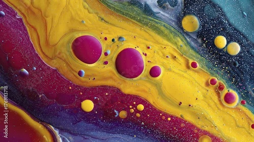 Abstract yellow pink blue and purple paint bubbles and swirls grainy textured effect