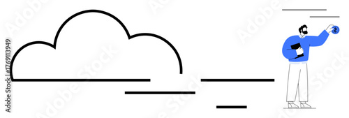 Person transferring data to cloud using tablet. Ideal for cloud storage, data management, digitalization, IT, innovation, teamwork, remote access. Simple flat metaphor
