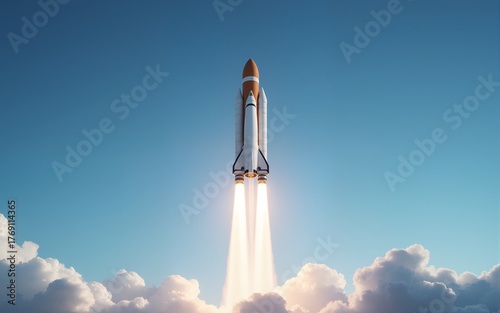 Spaceship ready for launch against blue sky background, space, spaceship, launch, space exploration, technology. High quality