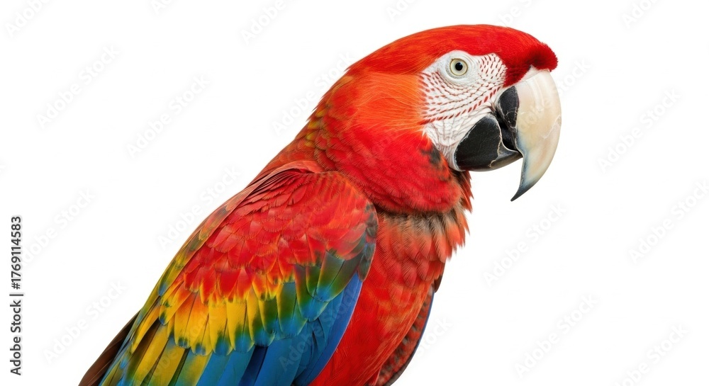 Fototapeta premium Striking Scarlet Macaw Portrait: Vibrant Plumage on Clean White Background