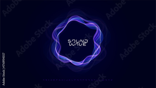Sound wave music waveform audio bass beat circular wavy rings, radial glow equalizer round pulse, glowing soundwave with modern font logo alphabet for radio dj, edm, podcast. Vector illustration