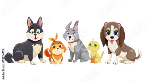 Vector illustration set of cute pets, collection of cats, dogs, parrots. Domestic animals, rabbit icon. Adorable husky, bulldog, schnauzer, doberman, siberian cat. Flat cartoon style for pet care and 