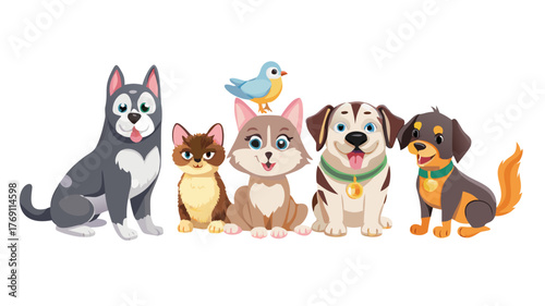 Vector illustration set of cute pets, collection of cats, dogs, parrots. Domestic animals, rabbit icon. Adorable husky, bulldog, schnauzer, doberman, siberian cat. Flat cartoon style for pet care and 