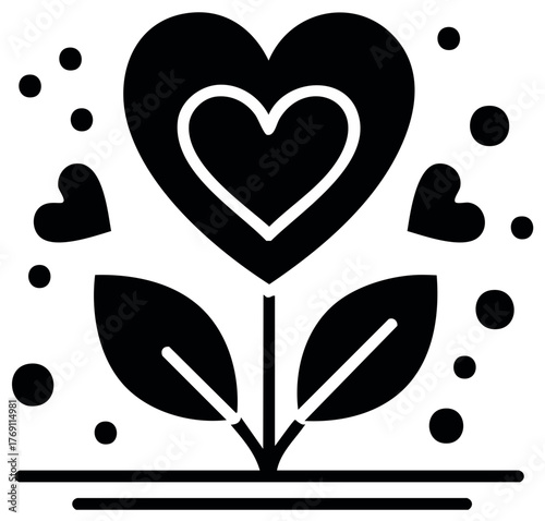 Black heart flower with leaves and smaller hearts and circles symbolizes love and growth
