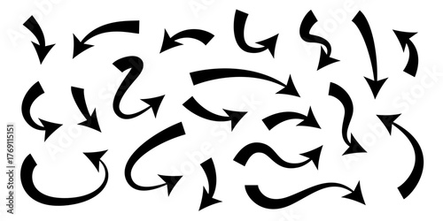 Black wavy arrows collection. Curved arrow icon isolated on white background