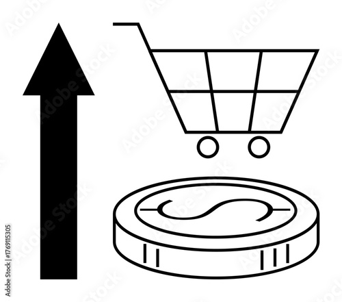 Black shopping cart, upward arrow, and currency coin representing economic growth, market trends, or profitable transactions. Ideal for retail, e-commerce, business growth, marketing profit