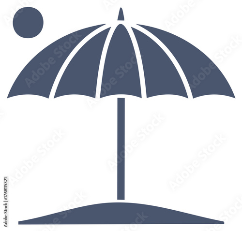 Simple graphic icon of a beach umbrella and sun on sand