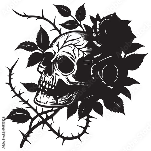 Skull entwined with roses isolated on white background, a gothic emblem of mortality and beauty, rendered in intricate monochrome detail