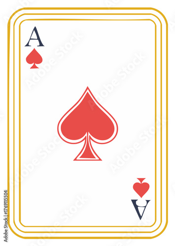 Ace of Spades Playing Card with Red Spade Symbol and Gold Border