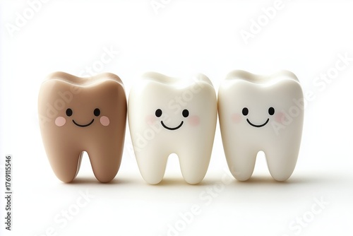 Toys resembling teeth showcasing a cheerful expression against a white backdrop, includes a clipping path