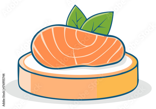 Cartoon illustration of sushi with salmon and basil, concept of traditional Japanese cuisine and healthy eating habits