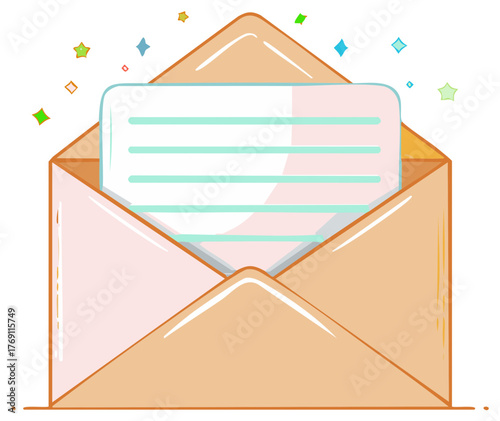 Illustration of an open light peach envelope holding a letter with lined text surrounded by colorful decorative shapes