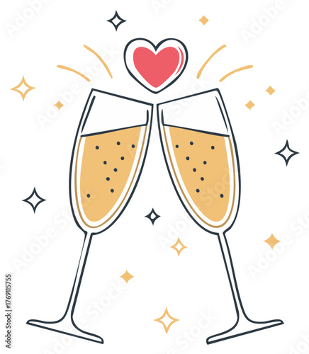 Elegant champagne glasses toast with heart illustration perfect for celebration announcements invitations