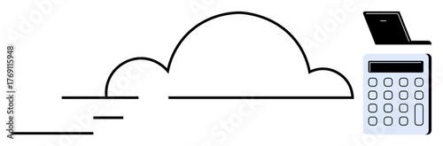 Cloud outline with open laptop and calculator emphasizes technology, finance, and connectivity. Ideal for cloud storage, computing, remote work, finance, data, digital transformation simple flat