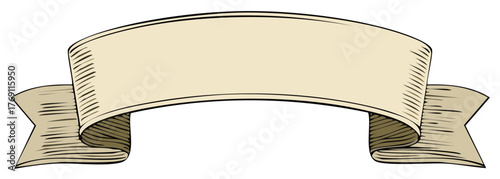 Hand-drawn banner ribbon with decorative hatch shading, empty beige canvas, heraldic announcement, message frame and artistic design element.