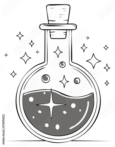 Magical Potion Bottle with Sparkling Liquid and Cork Stopper Line Art Illustration