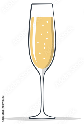 A tall glass flute filled with bubbly golden champagne with small effervescent bubbles rising