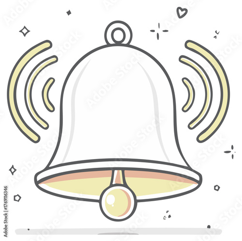 Cartoon illustration of a ringing bell with sound waves and decorative elements