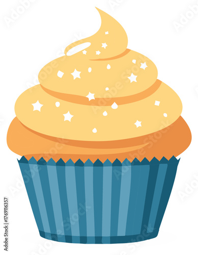 Sweet frosted cupcake illustration with yellow cream and blue striped wrapper and sprinkles
