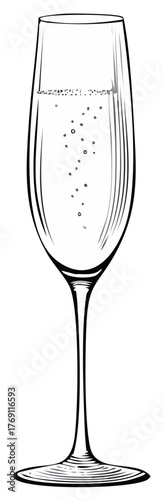 Elegant champagne flute with sparkling wine and effervescent bubbles line art illustration for celebration