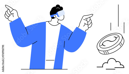 Person with VR headset gesturing toward floating coin, suggesting digital finance or cryptocurrency. Ideal for technology, innovation, virtual experience, digital economy, investment, futuristic UI