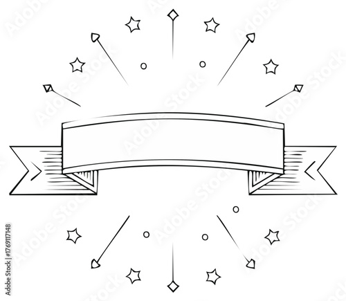 Drawn ribbon banner with stars and circles element design with burst lines blank for text vector.