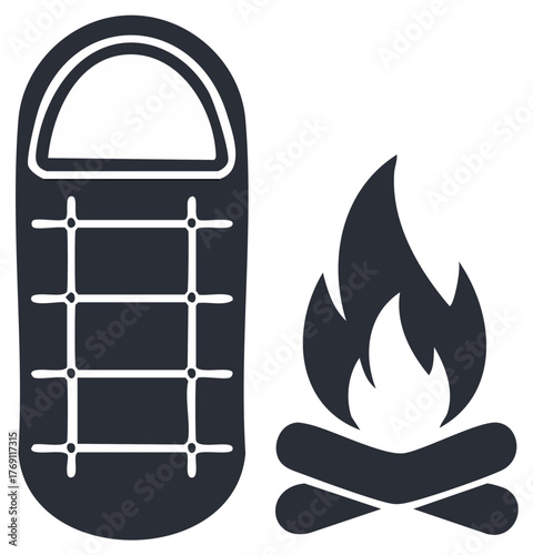 Camping Scene with Sleeping Bag and Campfire Vector Illustration