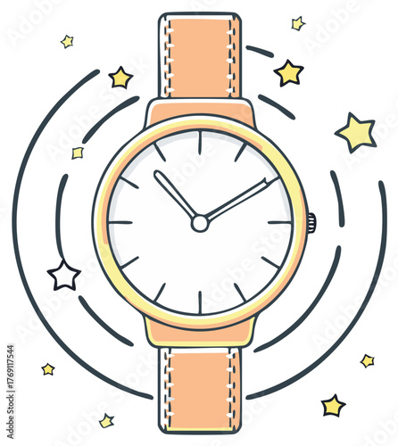 Stylish wrist watch with leather strap and decorative stars. Concept of time and deadline.