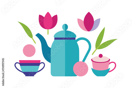 Stock photos of spring flower set with tulips and a watering can illustration