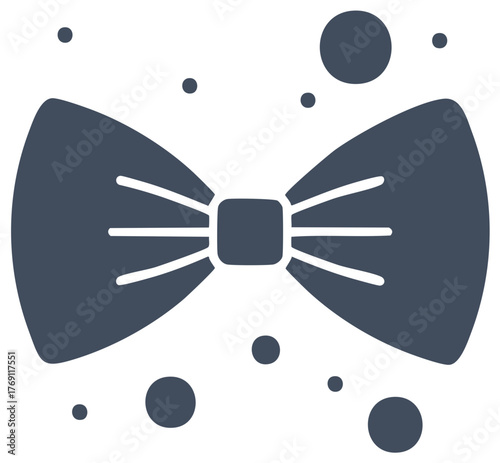 Stylized dark grey bow tie graphic with white radiating lines and scattered decorative dots, simple vector illustration.
