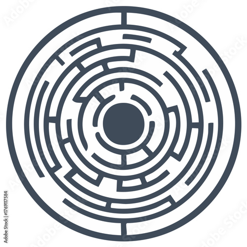 Circular labyrinth maze symbol icon vector graphic for problem solving and strategic thinking