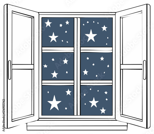 Open Window Frame with Stars at Night, Interior Design, Cartoon Illustration