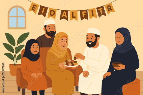 Family celebrating eid al-fitr with warm gatherings and traditional sweets