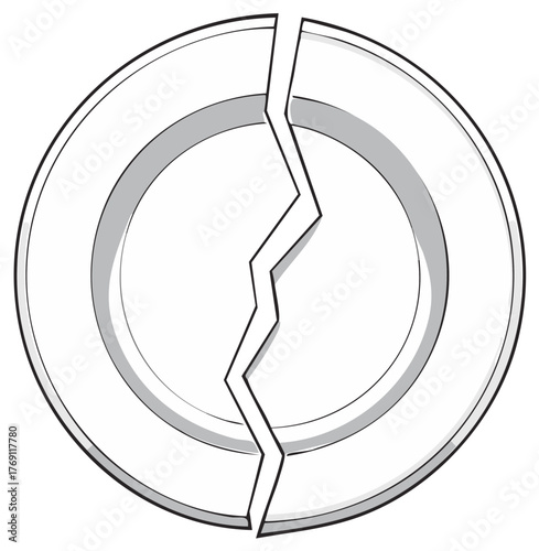 Cracked Ceramic Plate with Sharp Break, Broken Crockery Line Art Style