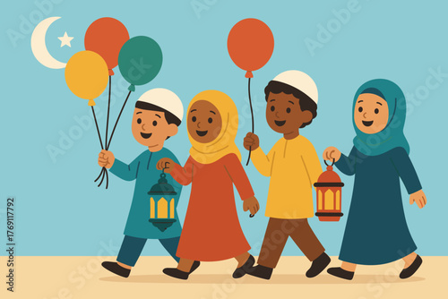 Children celebrating a festive parade with balloons and lanterns