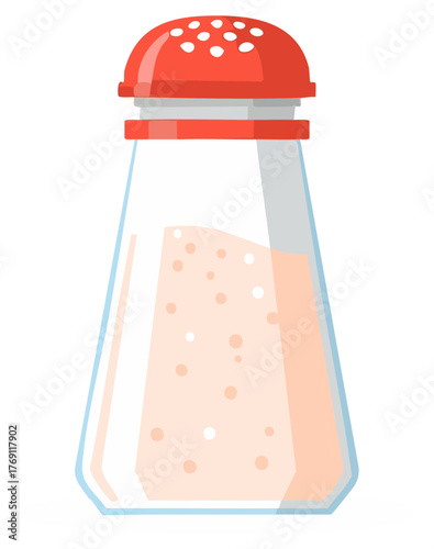 Salt shaker with red lid and holes, filled with coarse pink salt for cooking