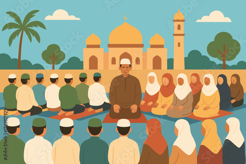 Flat design of group jamaat prayer outside mosque with diverse participants and palm trees