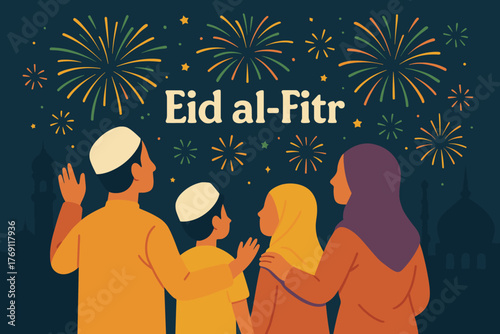 Family celebrating eid al-fitr with fireworks display in night sky